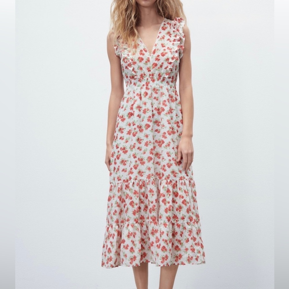 Zara maxi dress red floral ruffle v neckline Size S